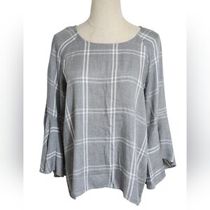 LC Lauren Conrad Gray Plaid Checkered Bell Sleeve Blouse